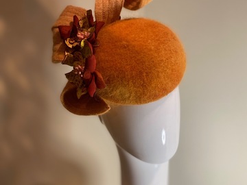 For Sale: Orange pillbox with leather flowers in maroons and yellow 