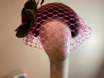 For Sale: Khaki hand felted wool bandeau with magenta veil