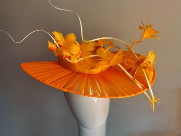 For Sale: Orange feathered hat with transparent brim 