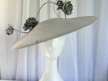 For Rent: Silver asymmetrical wide brim hat with rose vine