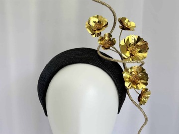 For Rent: Black straw headband with gold metallic flower swirl